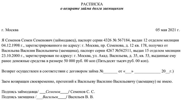 Образец расписки о получении денежных средств по договору