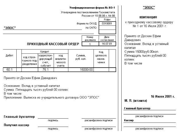 Образец приходный кассовый ордер взнос в уставный капитал образец